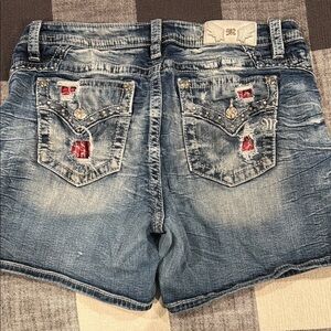 Miss Me Distressed Denim Shorts with Red and Silver Details